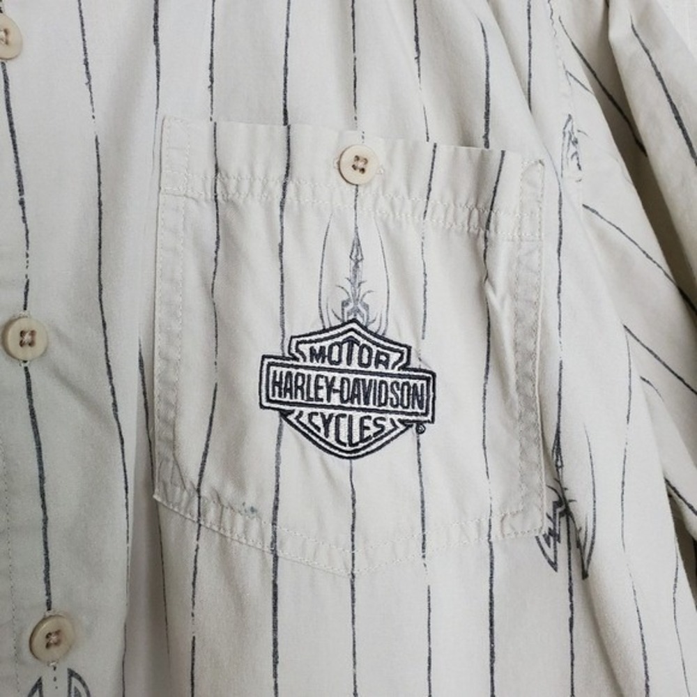 Vintage Harley Davidson Button Down Shirt Beige Tribal Pinstripe Biker Large